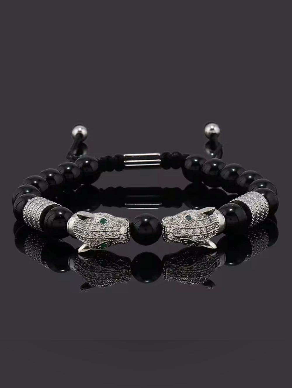 Black Beaded Panther Head Bracelet with Silver Accents
